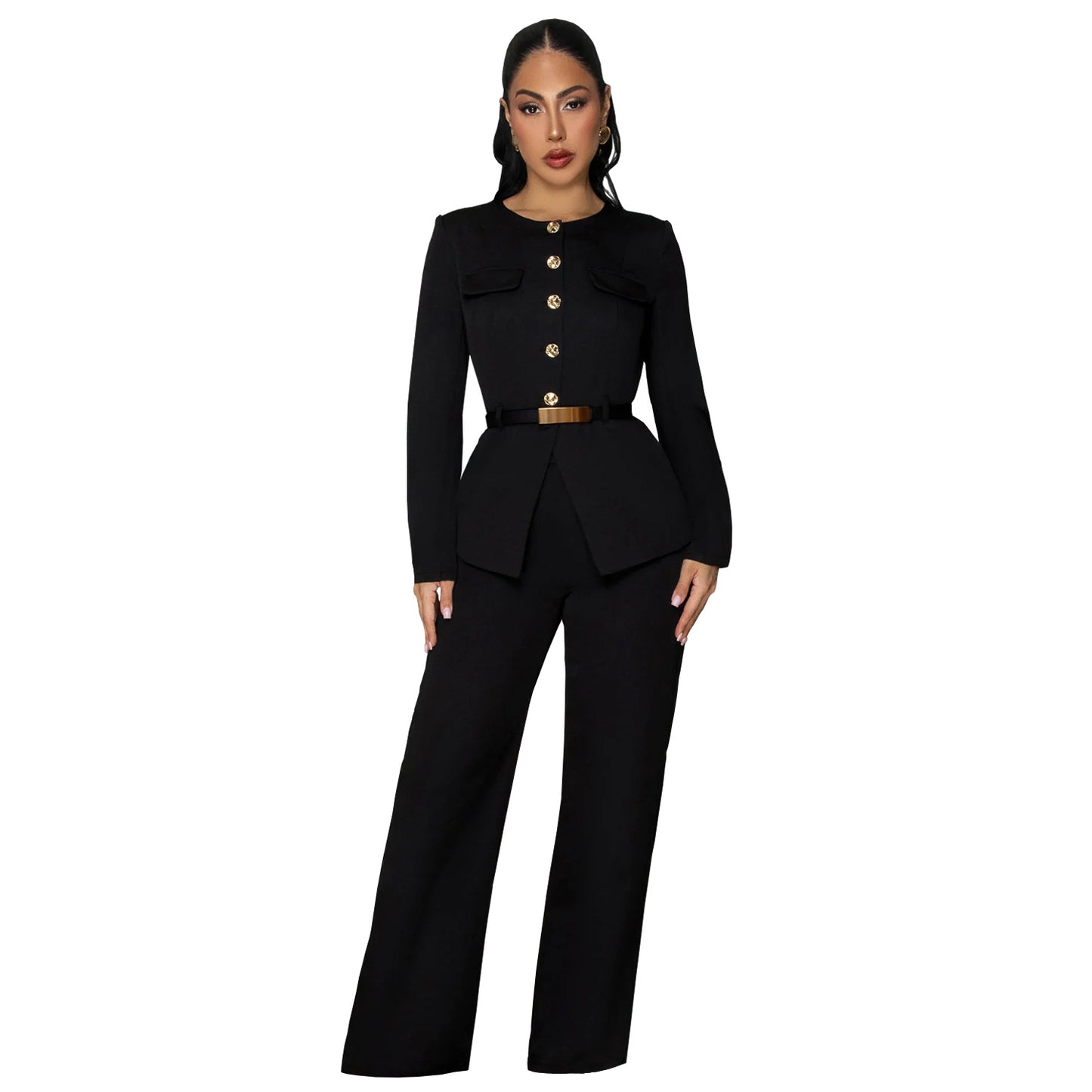 Elegant Two-Piece Belted Blazer & Wide-Leg Pants Set - Sophisticated Professional Workwear for Women