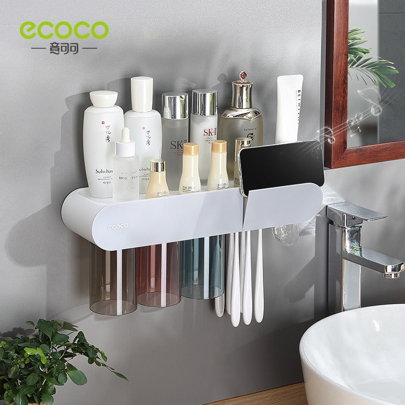 Multi-Functional Wall-Mounted Toothbrush Holder & Organizer – Punch-Free Magnetic Mouthwash Cup Set for Bathroom
