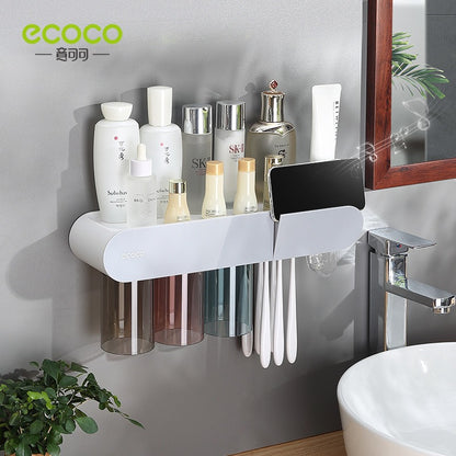 Multi-Functional Wall-Mounted Toothbrush Holder & Organizer – Punch-Free Magnetic Mouthwash Cup Set for Bathroom
