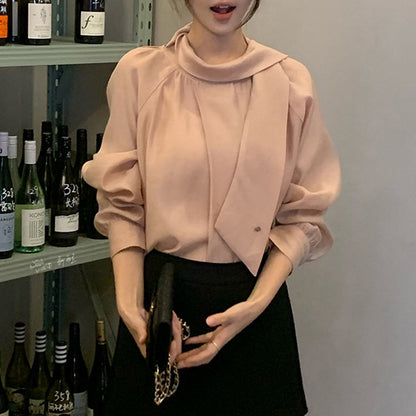 Style One-Shoulder Draped Collar Buttoned Shirt | Elegant Pink Long Sleeve Top for Women