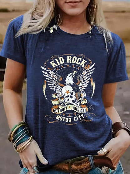 Vintage Eagle Pattern Round Neck Short Sleeved T-Shirt | Graphic Print Top for Men/Women