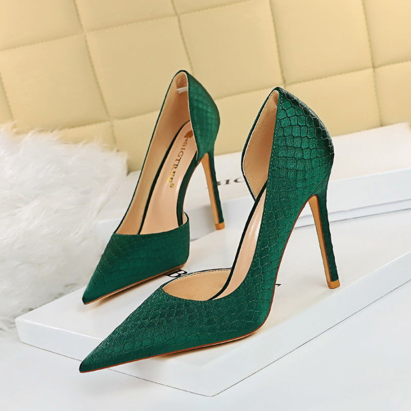Women's Snake Pattern Silk High Heels - Thin Heeled Shallow Side Hollow Pointed Toe Pumps