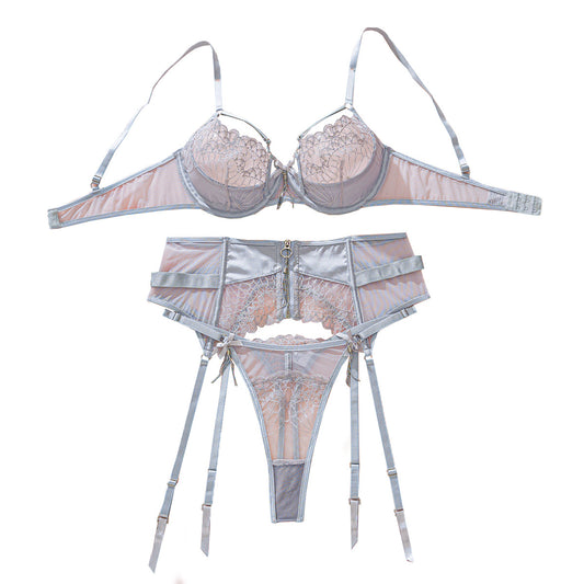 Embroidered Mesh 3-Piece Lingerie Set with Garter Belt