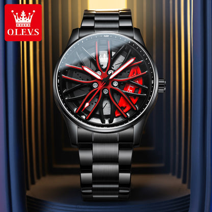 Creative 3D Rotating Wheel Hub Men's Watch - Luxury Stainless Steel Sports Watch