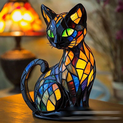 Animal Resin LED Night Light | Cute Tiffany Style Cat Bedside Lamp for Living Rooms and Bedrooms
