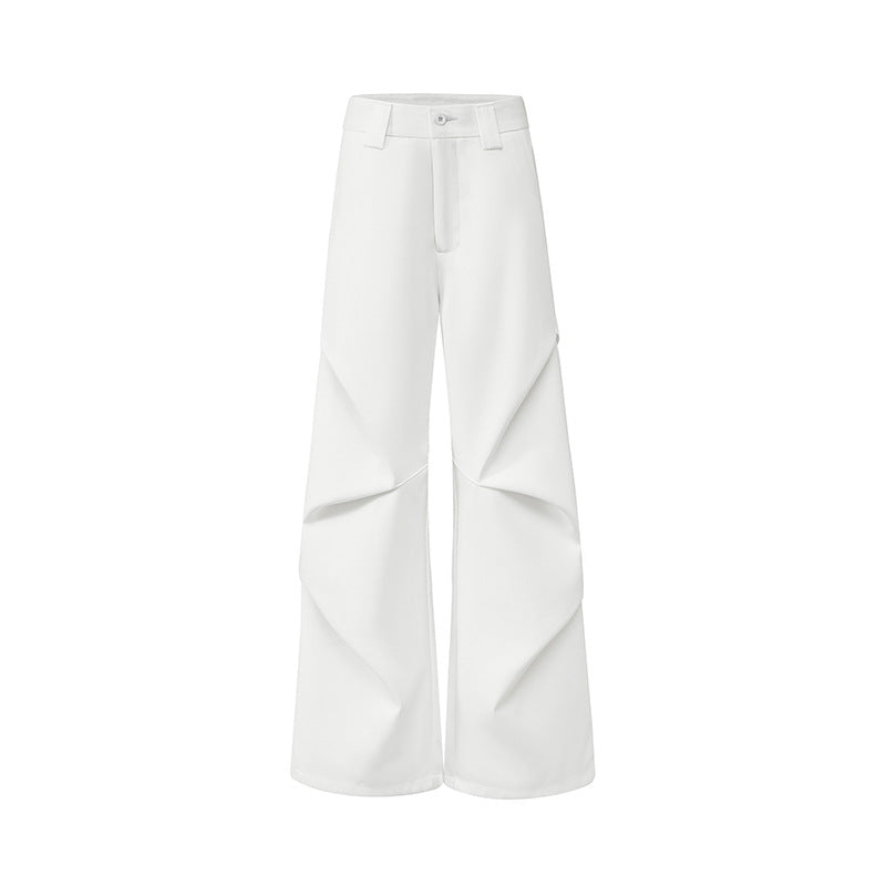Chic White High-Waist Pleated Flared Trousers - Elegant Loose Fit