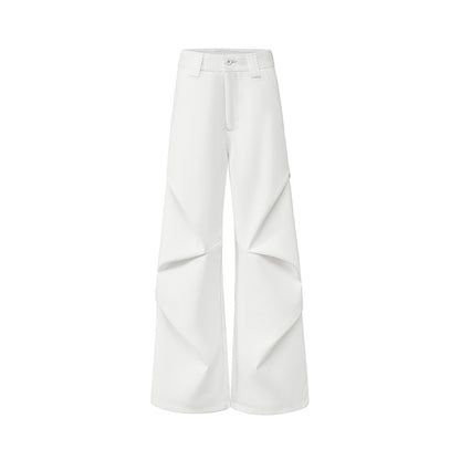Chic White High-Waist Pleated Flared Trousers - Elegant Loose Fit