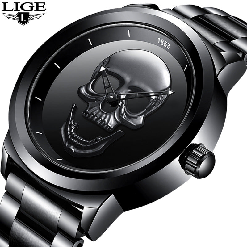 LIGE Men's Creative 3D Skull Watch - Punk Style Stainless Steel Quartz Wristwatch