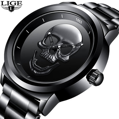 LIGE Men's Creative 3D Skull Watch - Punk Style Stainless Steel Quartz Wristwatch