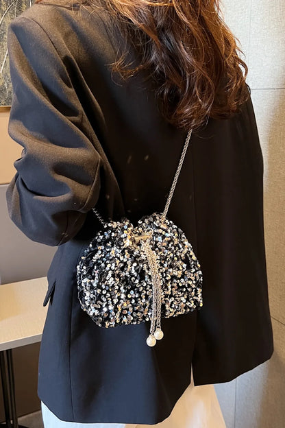 Sparkling Sequin Drawstring Bucket Bag with Chain Strap