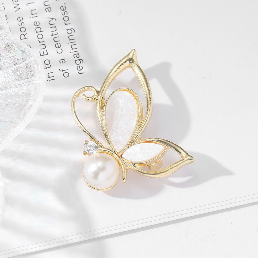 Gold Tone Imitation Mother of Pearl Butterfly Brooch, Suit Jacket Pin / Hollow Design Pearl Butterfly Brooch Jewelry Accessory