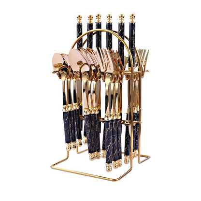 Luxury 24-Piece Golden Cutlery Set with Marble Pattern Handles & Gold Stand