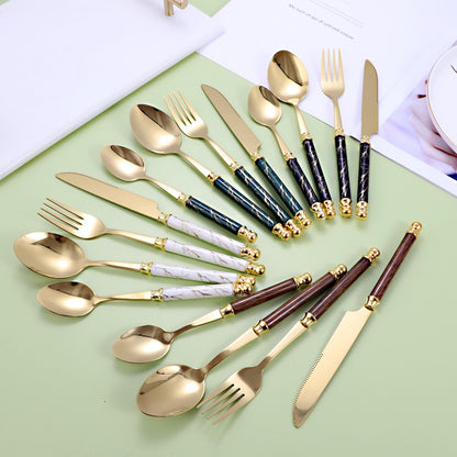 Luxury 24-Piece Golden Cutlery Set with Marble Pattern Handles & Gold Stand