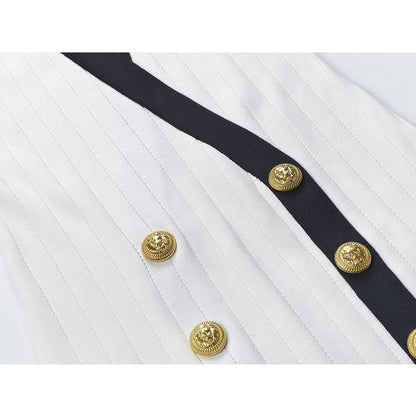 Luxury Contrast Knit Mini Dress - Elegant Gold Button Deep V-Neck Sweater Dress for Women