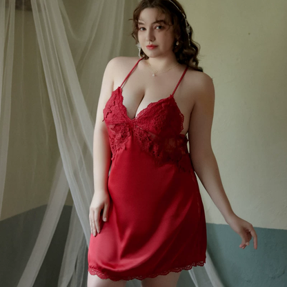 Elegant Lace Trim Suspender Nightdress - Curvy Women's Imitation Silk Pajama Dress