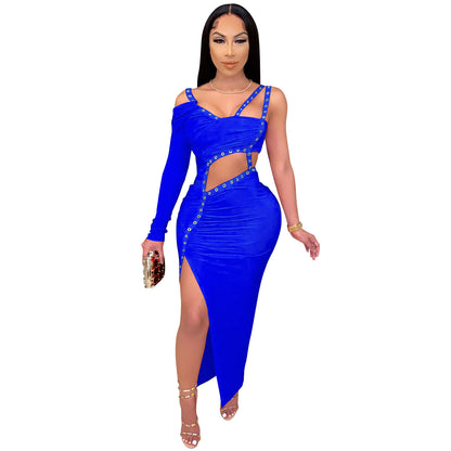 Sexy Royal Blue Irregular Cut-Out Maxi Dress – Glamorous One-Sleeve Slit Club Dress for Women