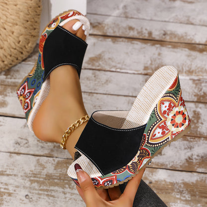 Women's Vintage Patterned Wedge Sandals - Thick Sole Open Toe Slides