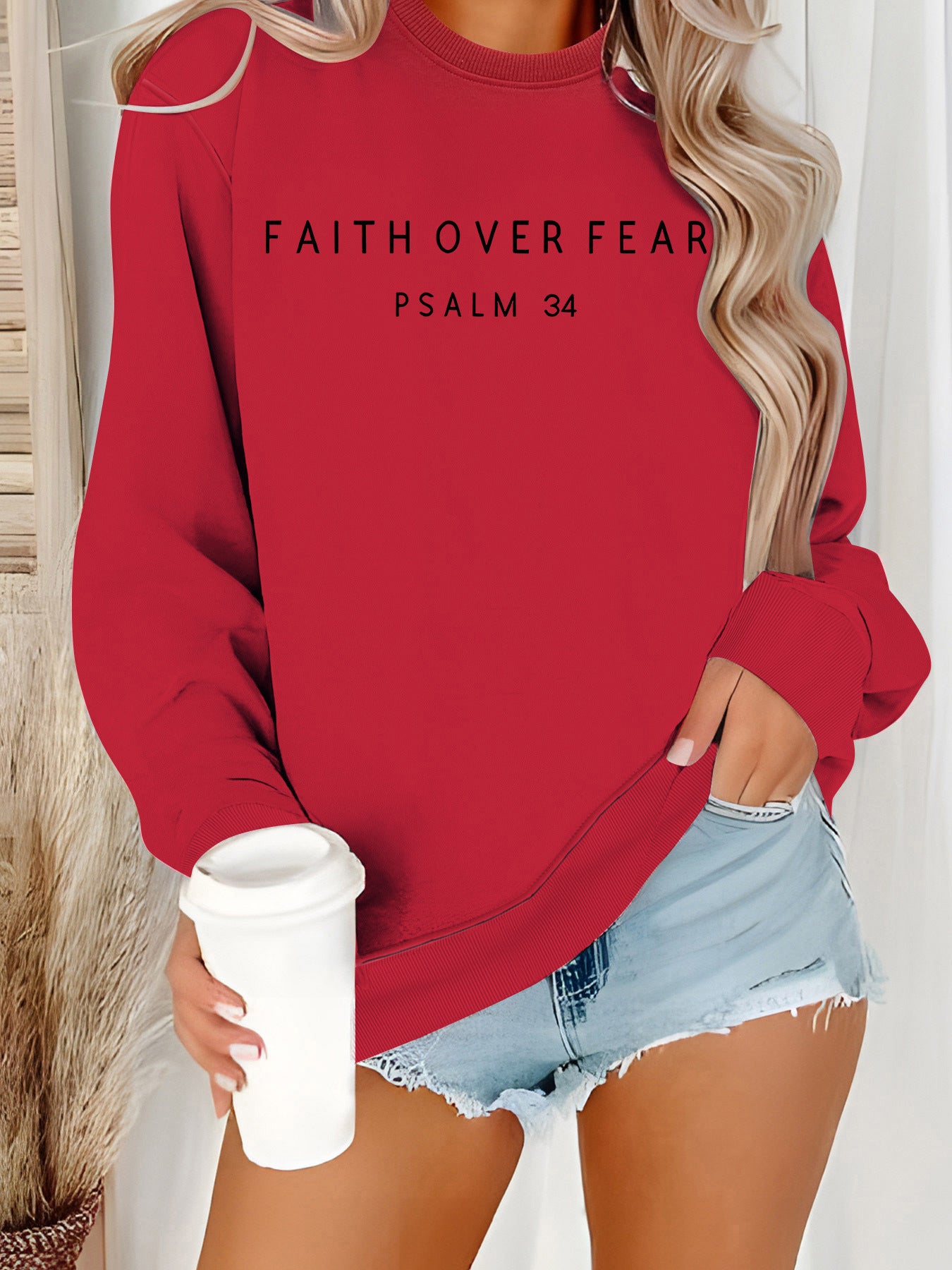 Inspirational 'Faith Over Fear' Letter Print Sweatshirt | Loose Fit Casual Pullover Top