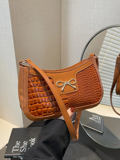 Elegant Crocodile Pattern PU Leather Shoulder Bag with Bow Detail