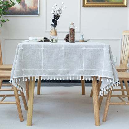 Nordic Jacquard Cotton Linen Tablecloth – Elegant Pink Long Stripe Table Cover with Decorative Tassels