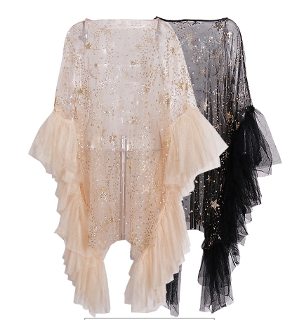 Sparkly Star Mesh Cover-Up Dress - Elegant Flare Sleeve Sheer Party Outfits for Women