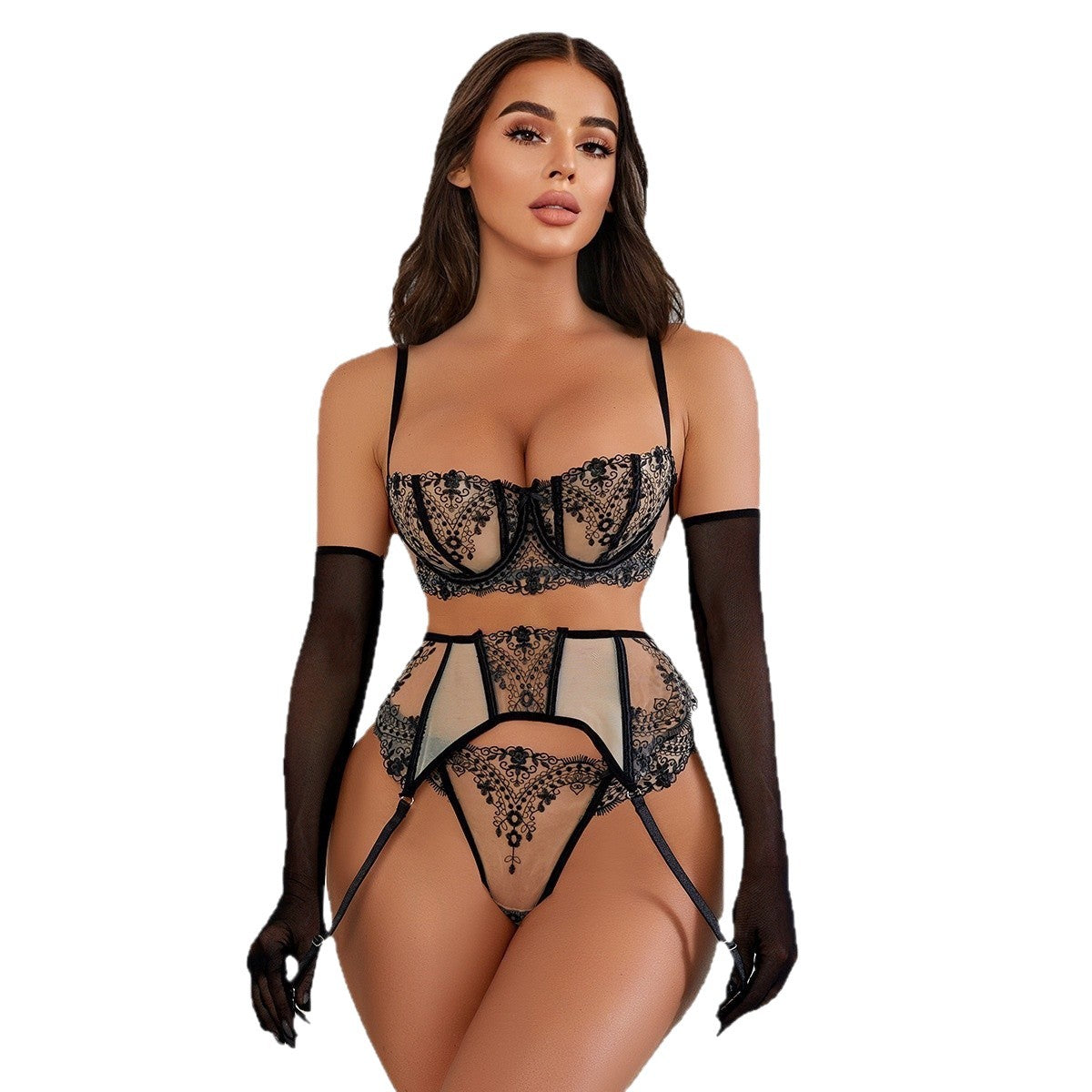 Floral Embroidery Patchwork Sheer Mesh Garter Lingerie Set