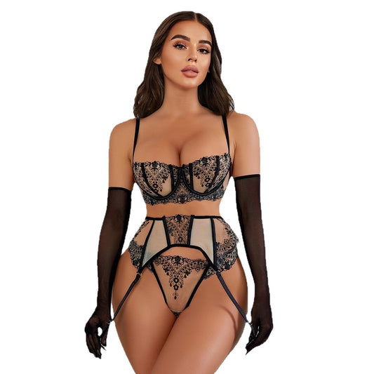 Floral Embroidery Patchwork Sheer Mesh Garter Lingerie Set