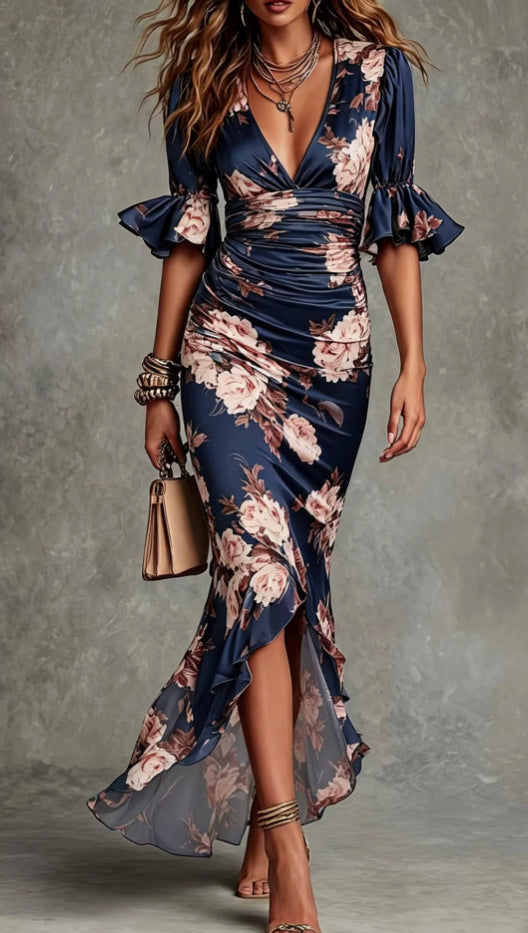 Women's Elegant V-Neck Floral Print Maxi Dress - Fitted Silhouette with Ruffle Hem