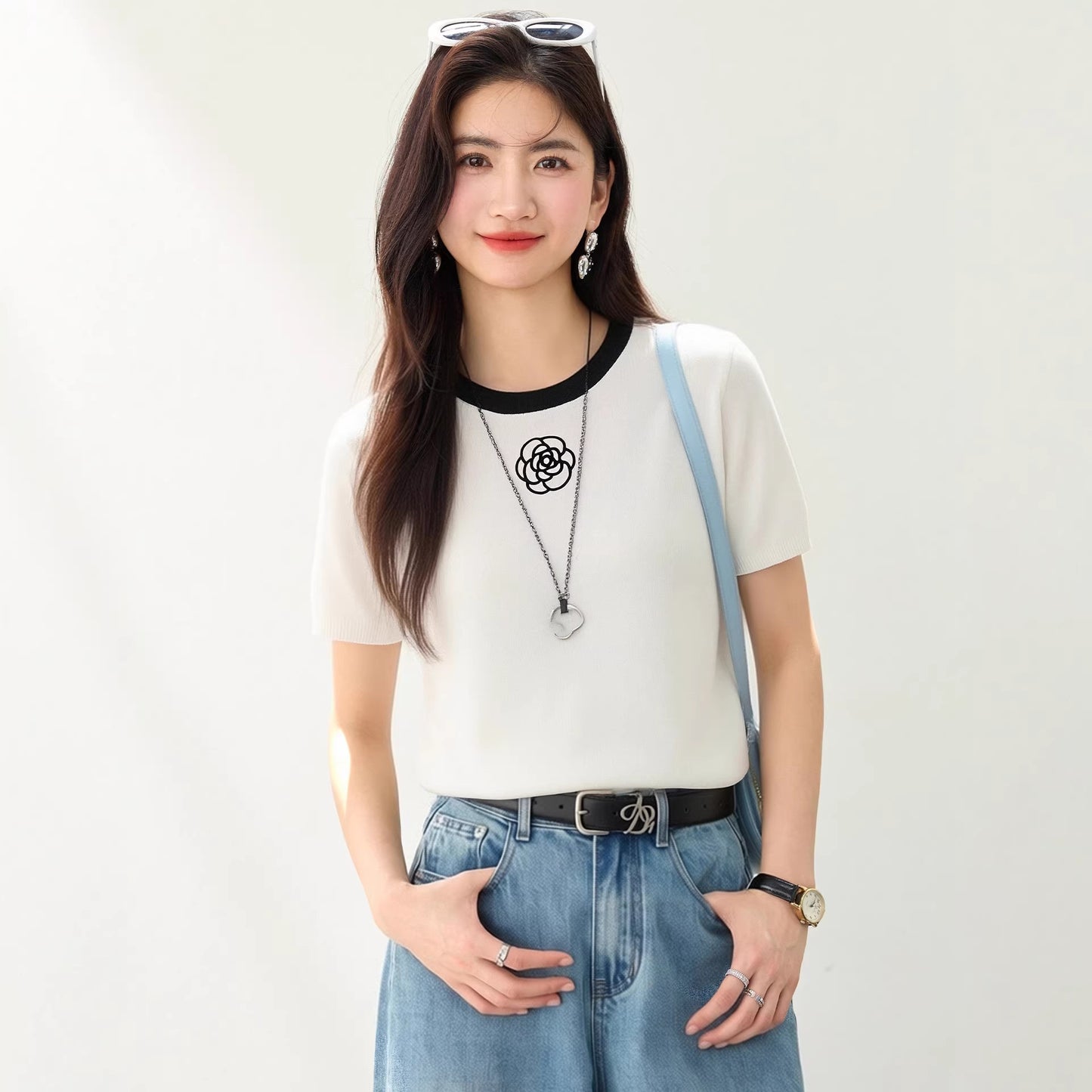 Women's Elegant Ice Silk Knit Top - Regular Shoulder Embroidered Camellia Tee