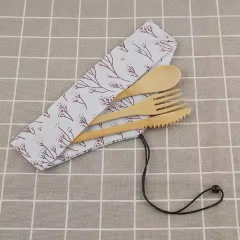 20CM Eco-Friendly Bamboo Cutlery Set with Floral Travel Pouch - 3-Piece Reusable Knife, Fork, and Spoon