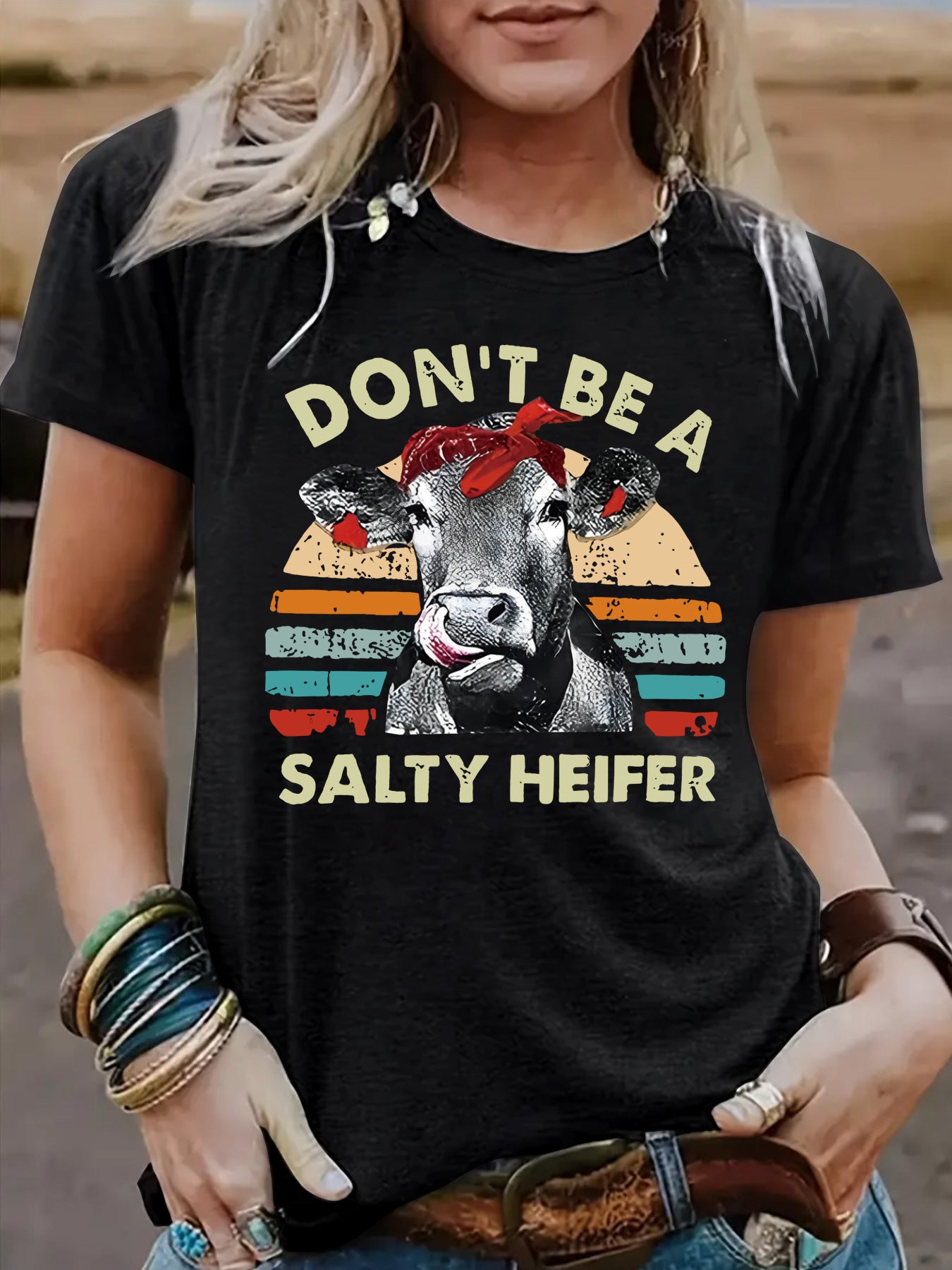 Funny Cow Pattern Printed Round Neck Short Sleeved Shirt | 'Don't Be A Salty Heifer' Graphic Tee