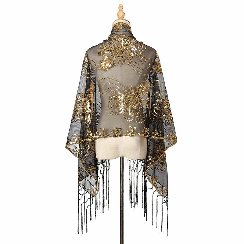 Long Fringe Sequin Embroidered Shawl | Party Dress Evening Banquet Thin Scarf