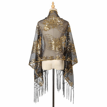 Long Fringe Sequin Embroidered Shawl | Party Dress Evening Banquet Thin Scarf