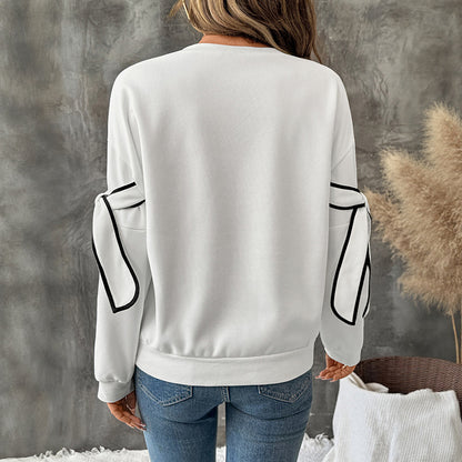 Bow Tie Sleeve Contrasting White Sweatshirt | Round Neck Long Sleeve Pullover for Women
