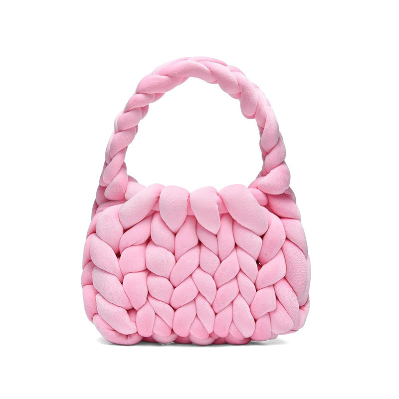 Chunky Hand-Knitted Velvet Yarn Shoulder Bag - Pink