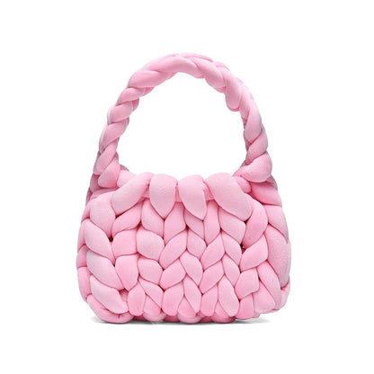 Chunky Hand-Knitted Velvet Yarn Shoulder Bag - Pink