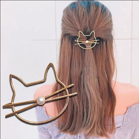 Hollow Out Cute Cat Head Hair Clip / Gold Tone Imitation Pearl Hair Pin for Women and Girls