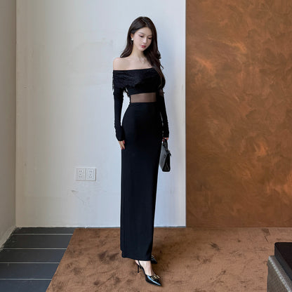 Elegant Off-Shoulder Long Bodycon Dress with Sheer Mesh Waist