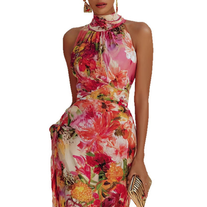Women's Elegant Floral Halter Neck Dress - Sleeveless Fitted Chiffon Maxi Gown