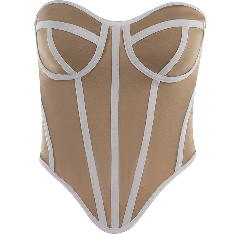 Sexy Slim Fit Line Contrasting Waist Cinching Top for Women | Strapless Corset Bustier