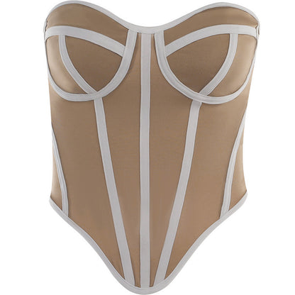 Sexy Slim Fit Line Contrasting Waist Cinching Top for Women | Strapless Corset Bustier