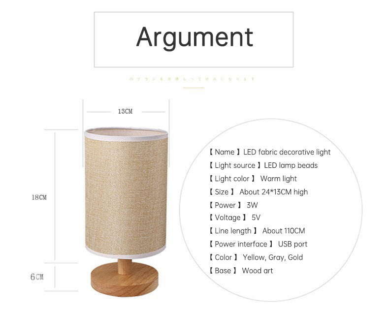 Nordic Wooden LED Table Lamp – Elegant Linen Night Light with USB Power for Bedroom & Office