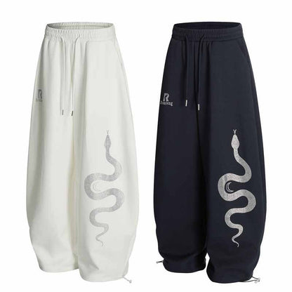 Men's Retro Rhinestone Snake Print Loose Street Sport Sweatpants