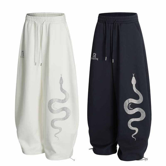 Men's Retro Rhinestone Snake Print Loose Street Sport Sweatpants