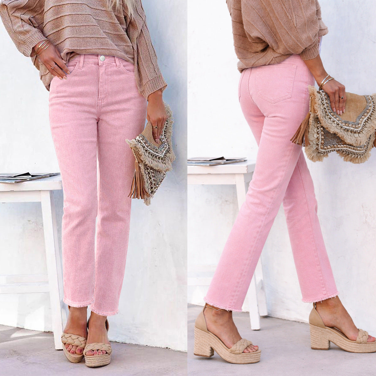 Women's High Waisted White Straight Leg Jeans - Ankle-Length Raw Hem Denim Pants