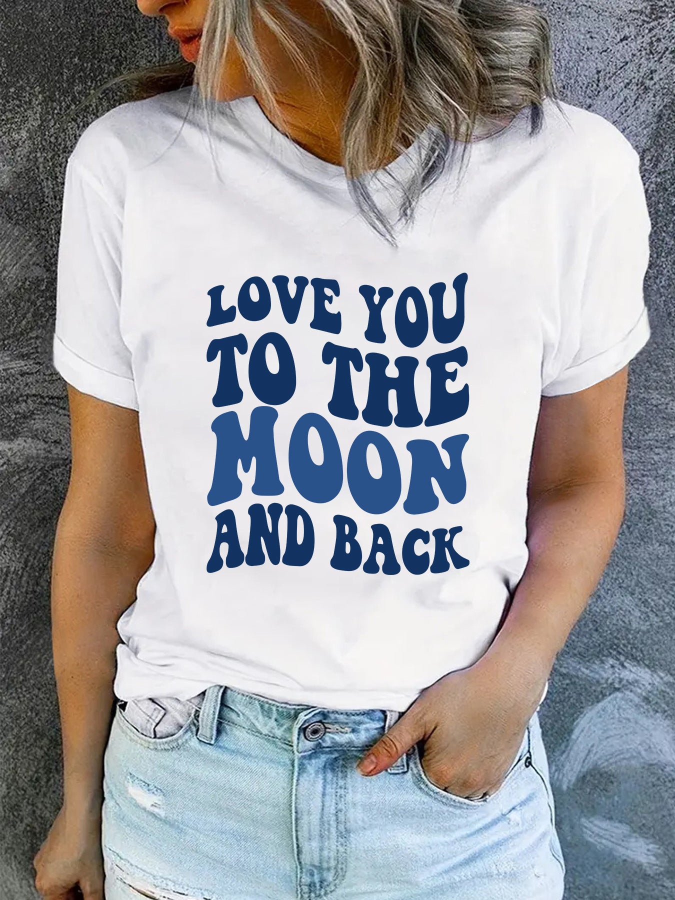 Love You to the Moon and Back' Slogan Printed Round Neck Short Sleeved Shirt