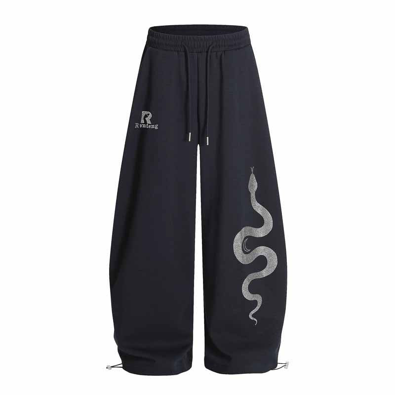 Men's Retro Rhinestone Snake Print Loose Street Sport Sweatpants