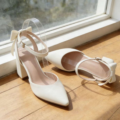 Women's Off-White Bow Chunky Heel Pointed Toe Sandals