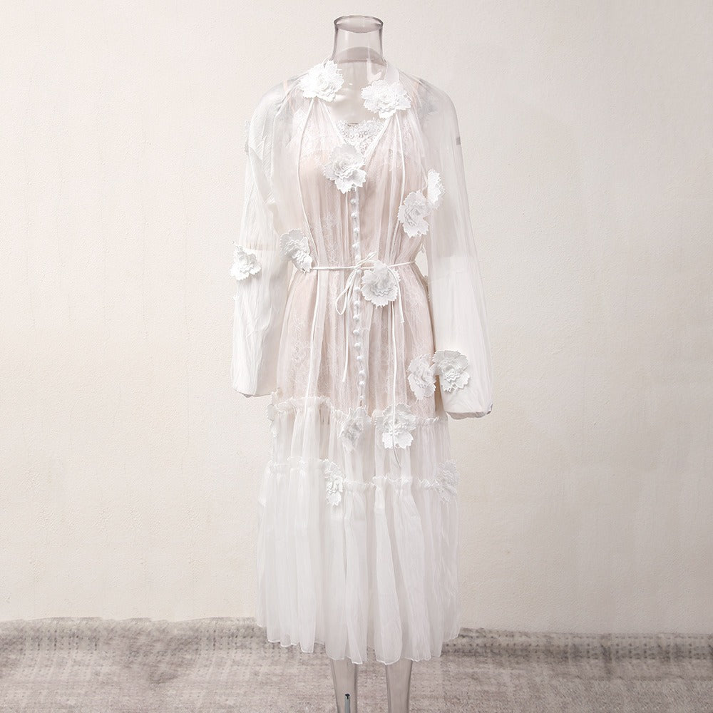 Luxury 3D Floral Patchwork White Cardigan Dress - Elegant Lace-Up Mesh Maxi Skirt for Women