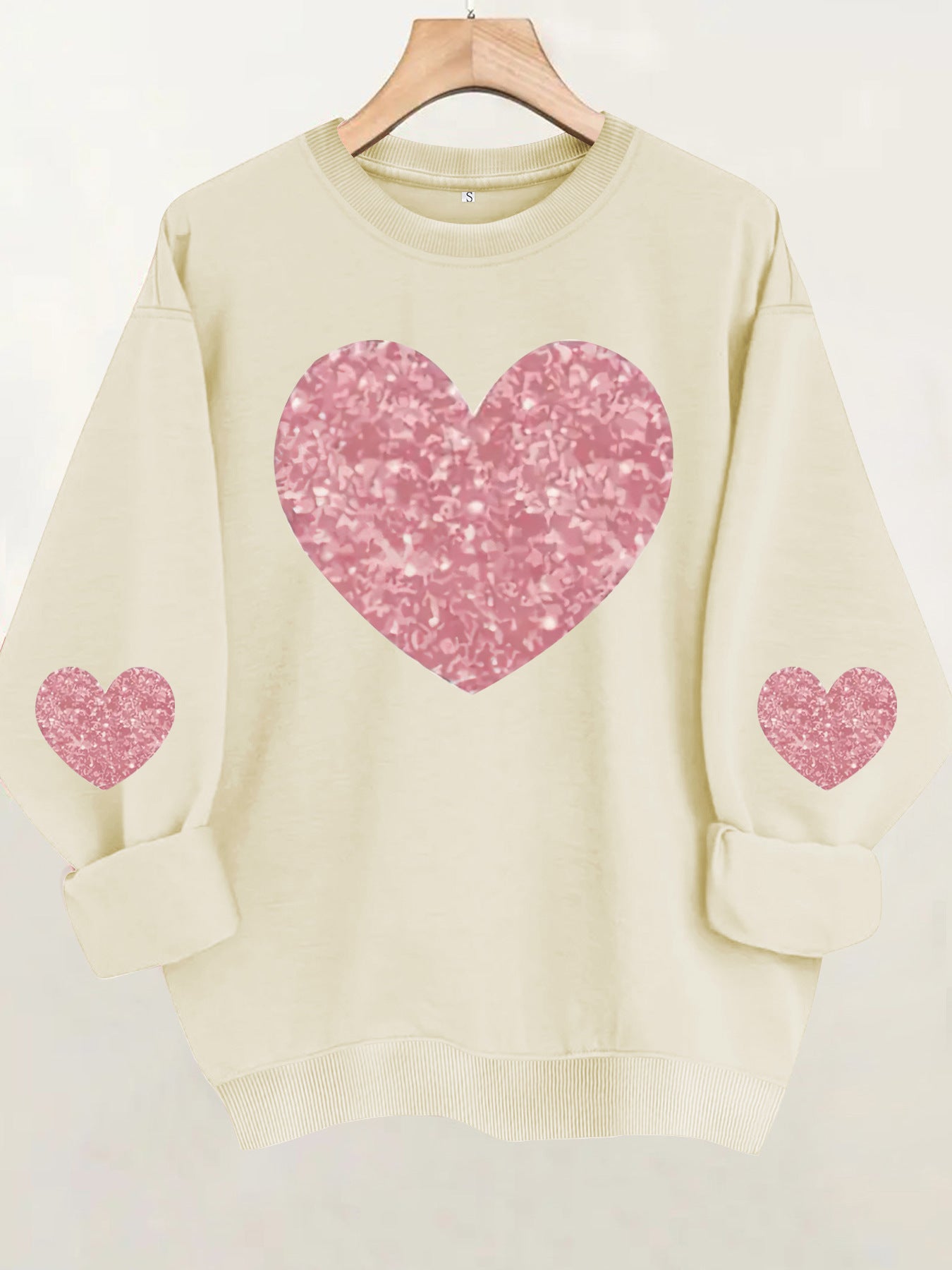 Pink Glitter Heart Print Grey Sweatshirt | Cozy Long Sleeve Pullover for Women